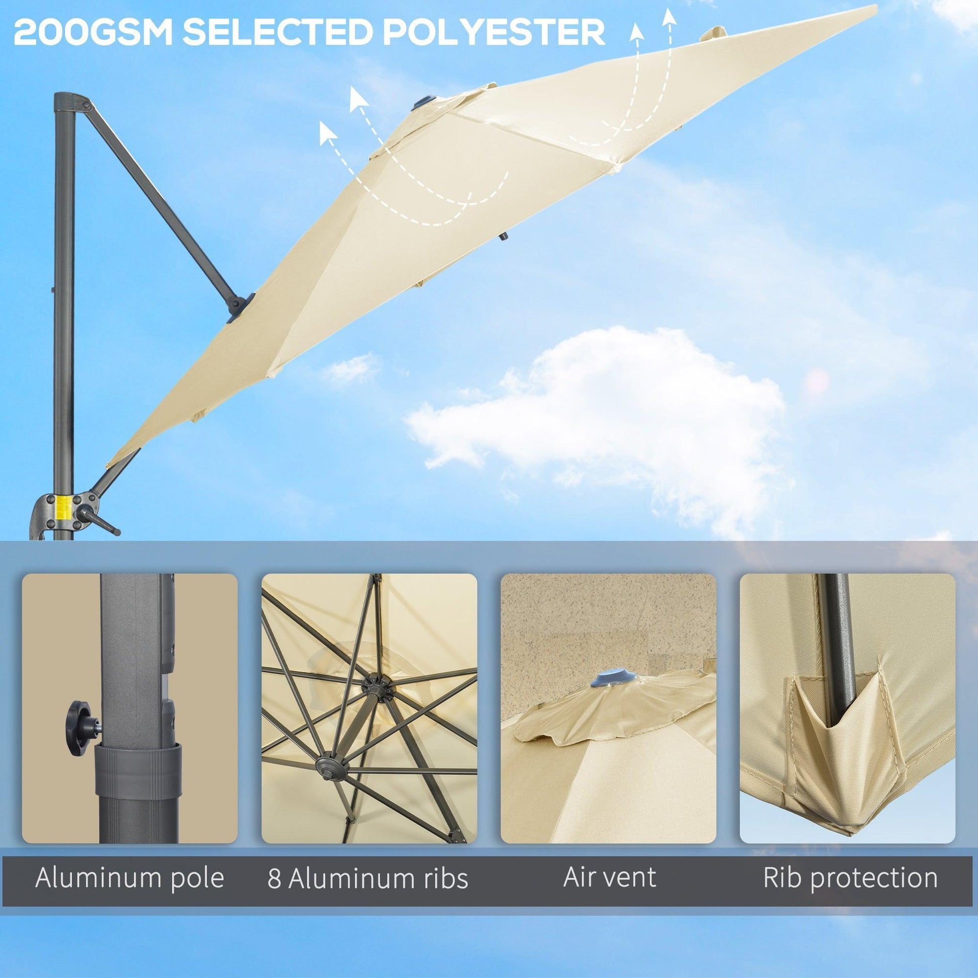 Outsunny Cantilever Patio Umbrella 3 x 3m: 360°, Crank Handle, Cream - ALL4U RETAILER LTD