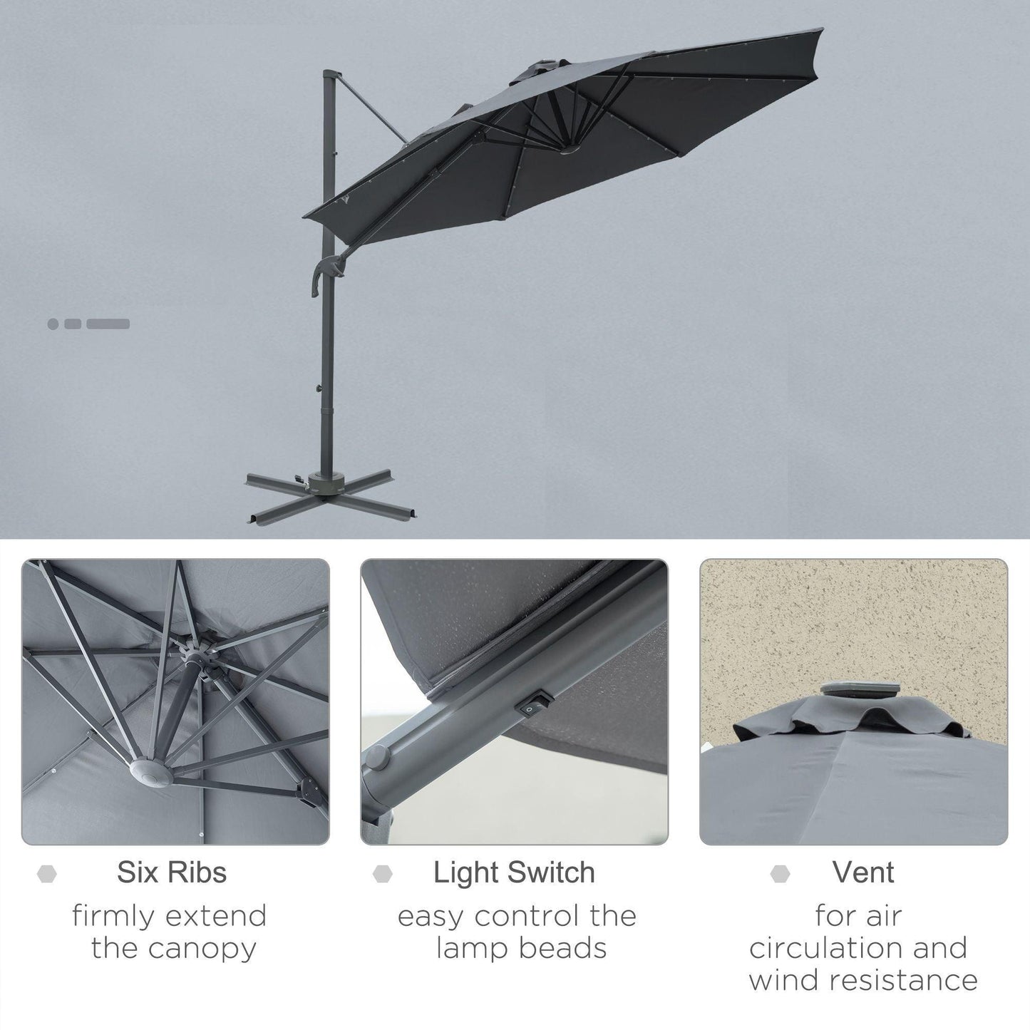 Outsunny Cantilever Patio Umbrella with LED Lights - ALL4U RETAILER LTD