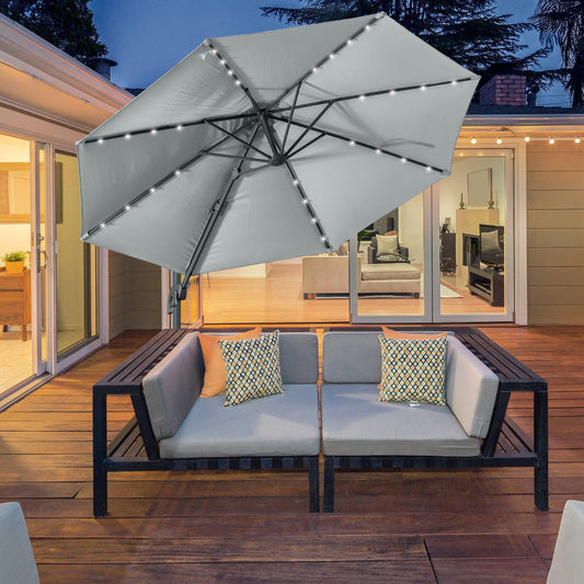 Outsunny Cantilever Sun Umbrella with Solar Light - 360° Grey - ALL4U RETAILER LTD
