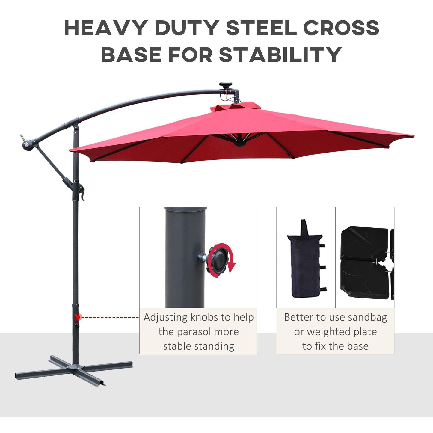 Outsunny Cantilever Umbrella: 3m LED, Red - ALL4U RETAILER LTD