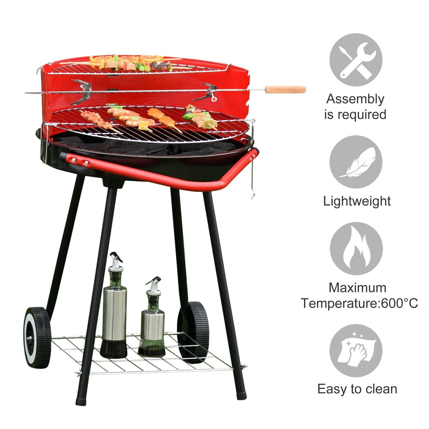 Outsunny Charcoal Barbecue with Adjustable Grill Pan Height in Red - ALL4U RETAILER LTD