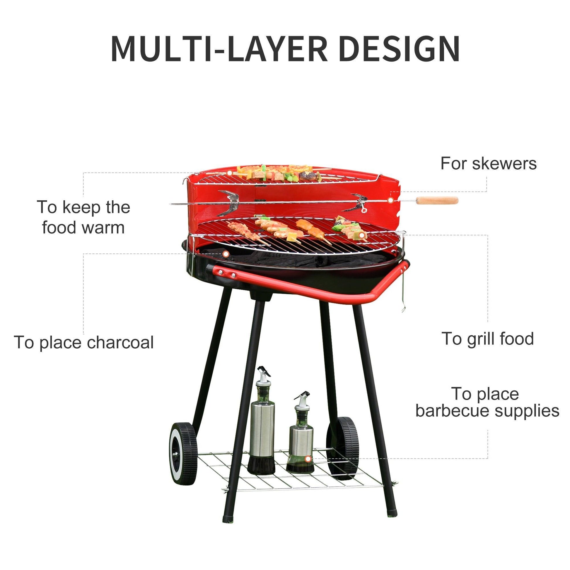 Outsunny Charcoal Barbecue with Adjustable Grill Pan Height in Red - ALL4U RETAILER LTD