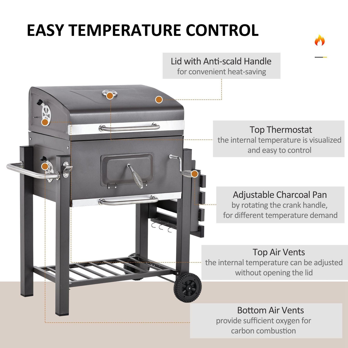 Outsunny Charcoal BBQ Grill with Wheels and Thermometer - ALL4U RETAILER LTD