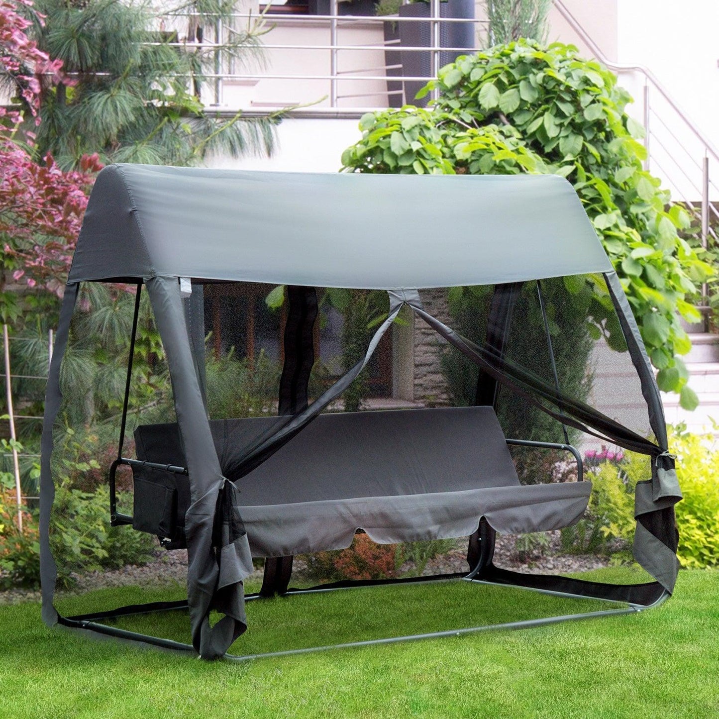 Outsunny Convertible Garden Swing Chair with Roof & Mosquito Net, Grey - ALL4U RETAILER LTD