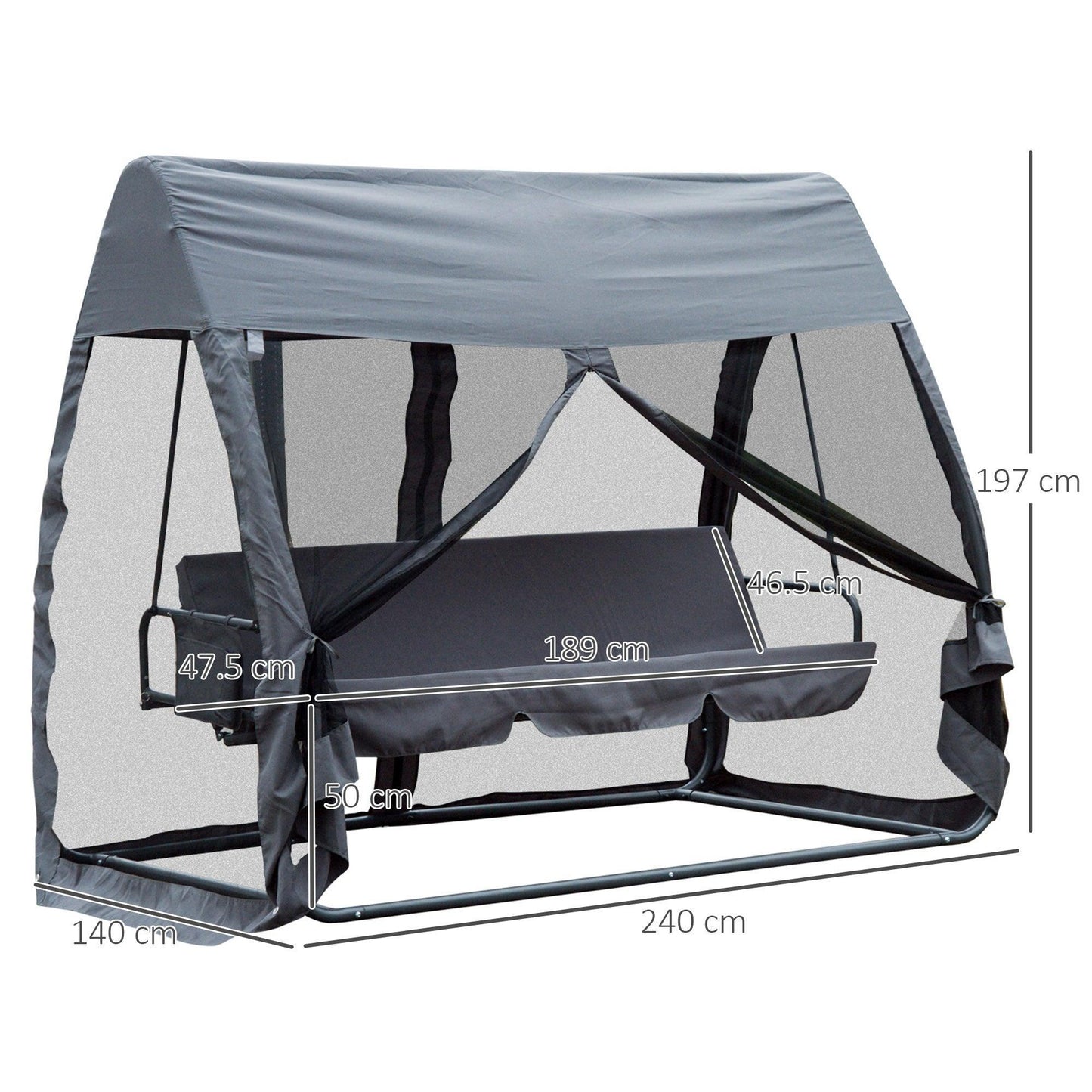 Outsunny Convertible Garden Swing Chair with Roof & Mosquito Net, Grey - ALL4U RETAILER LTD