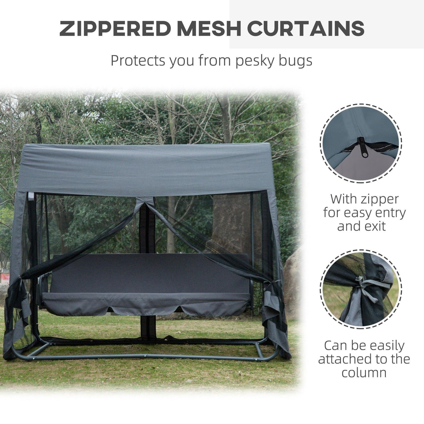 Outsunny Convertible Garden Swing Chair with Roof & Mosquito Net, Grey - ALL4U RETAILER LTD