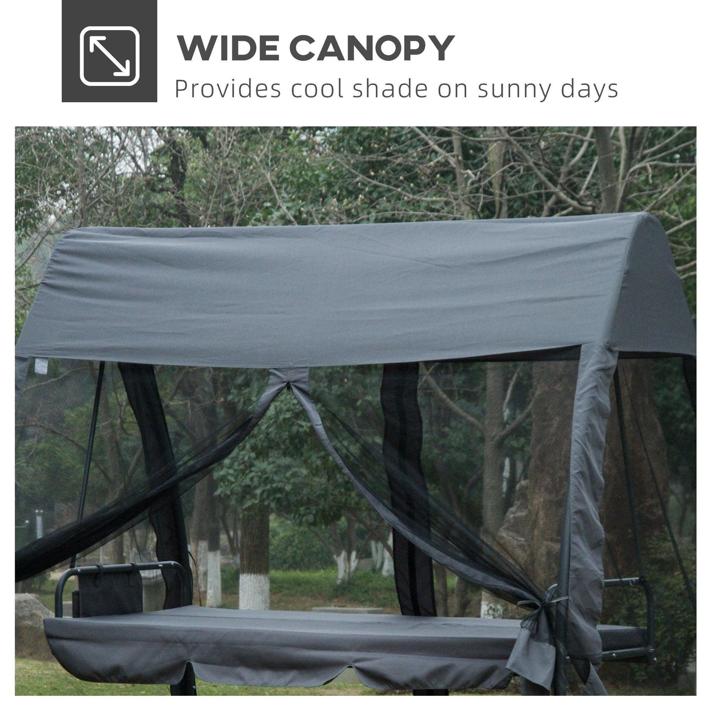 Outsunny Convertible Garden Swing Chair with Roof & Mosquito Net, Grey - ALL4U RETAILER LTD