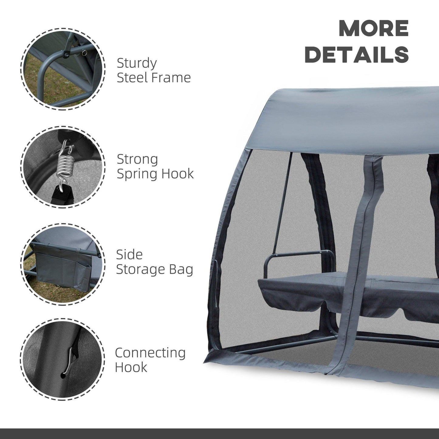 Outsunny Convertible Garden Swing Chair with Roof & Mosquito Net, Grey - ALL4U RETAILER LTD