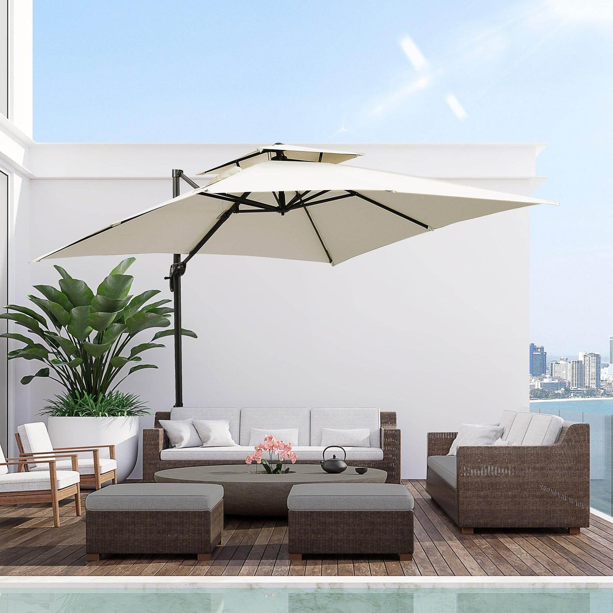 Beige square patio umbrella with open canopy and dark support pole