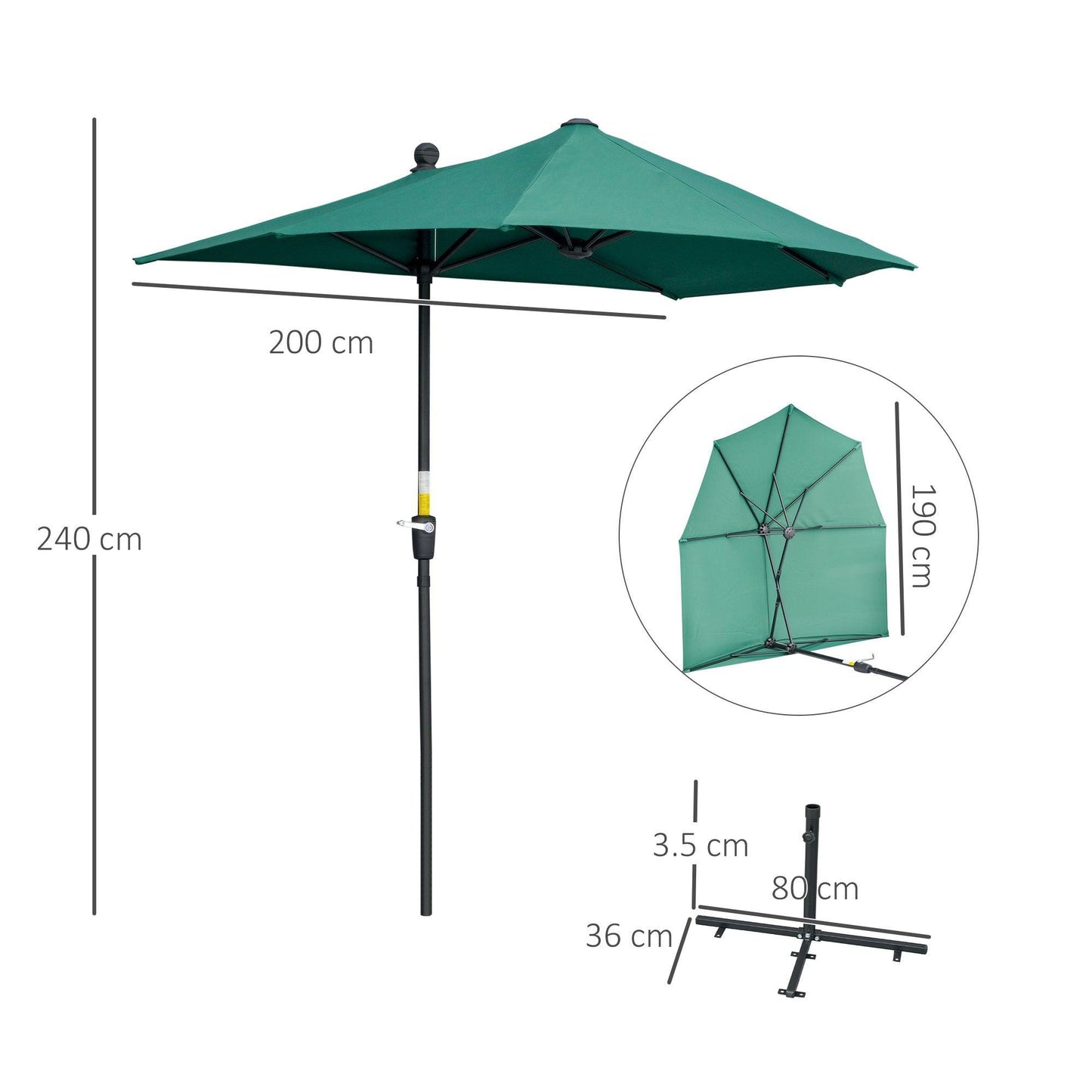 Outsunny Crank Handle 2m Half Parasol - Green - ALL4U RETAILER LTD