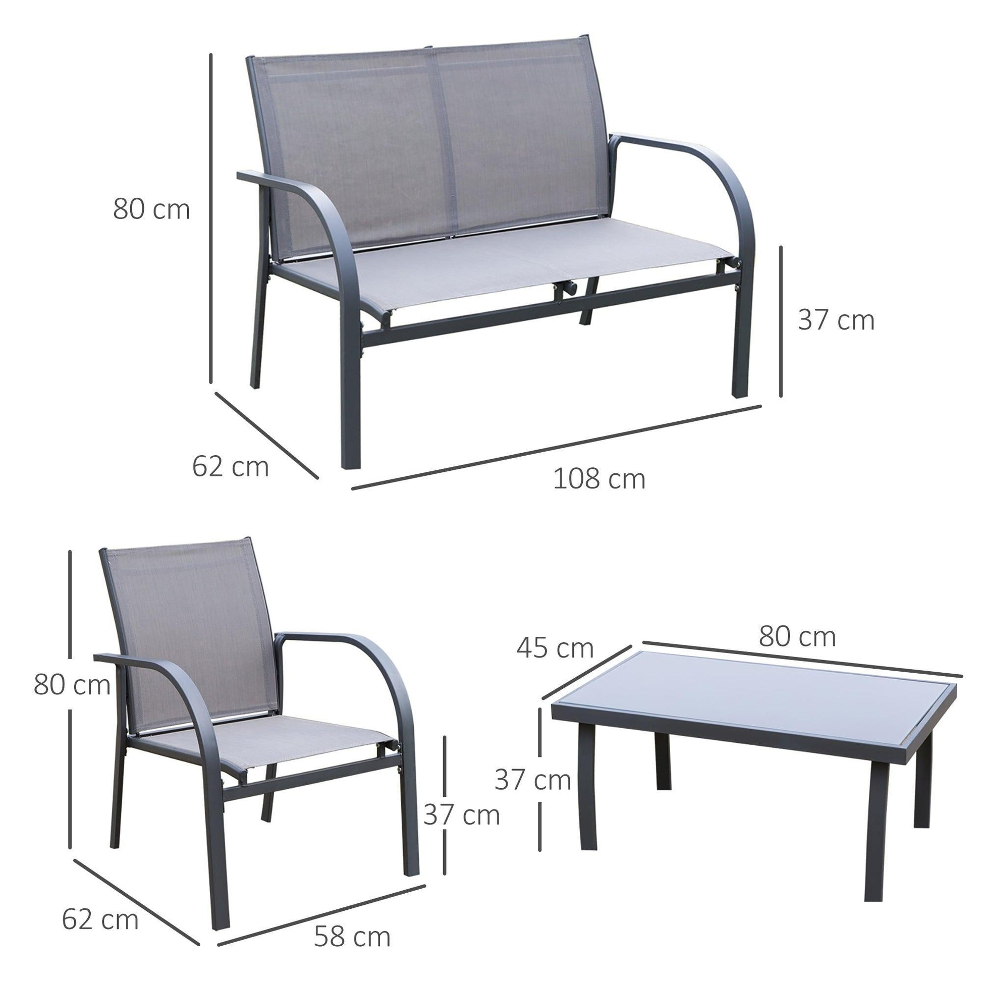 Outsunny Curved Steel Patio Furniture Set - Loveseat & Table (Grey) - ALL4U RETAILER LTD