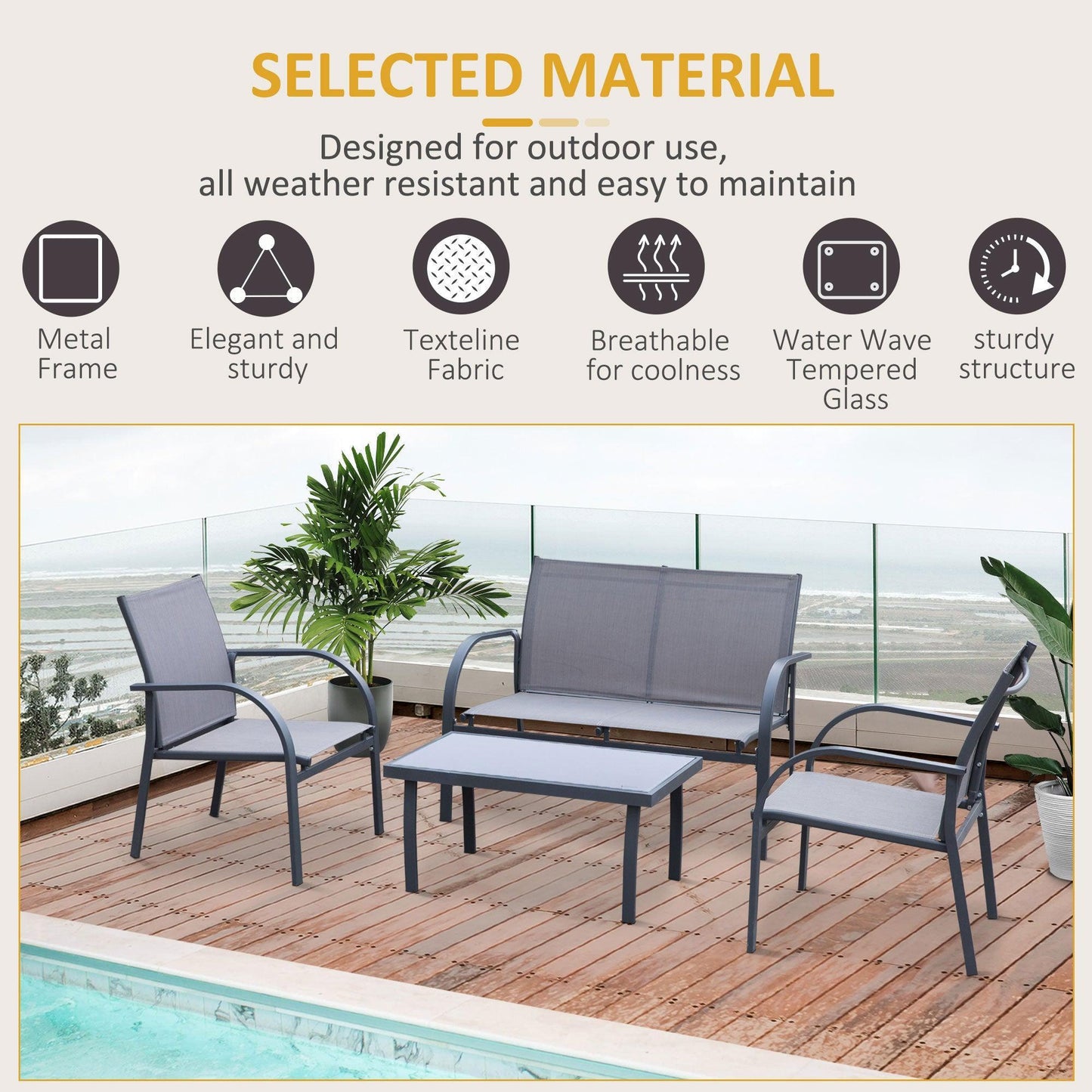 Outsunny Curved Steel Patio Furniture Set - Loveseat & Table (Grey) - ALL4U RETAILER LTD