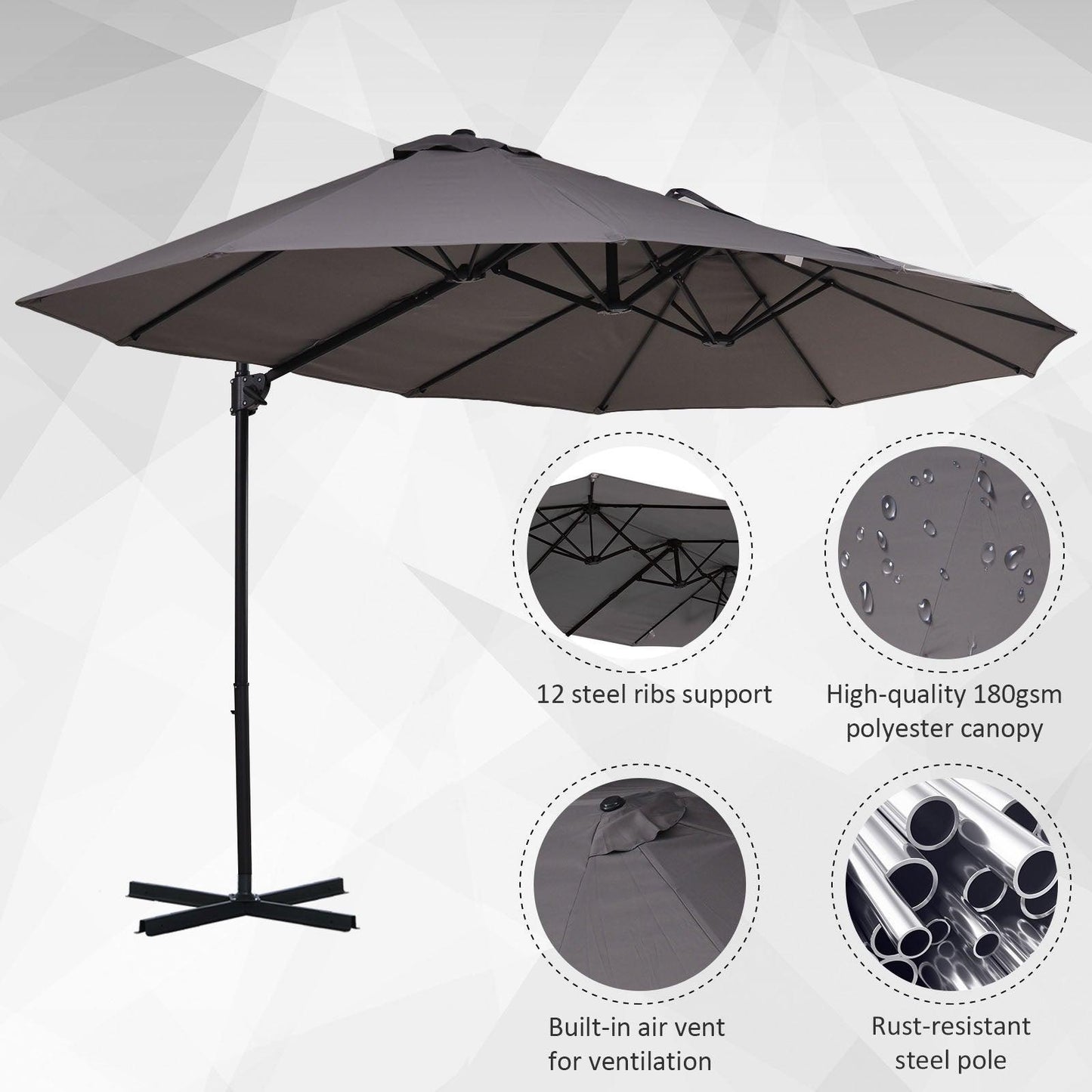 Outsunny Double Parasol Umbrella - Grey Shade, Easy Lift - ALL4U RETAILER LTD