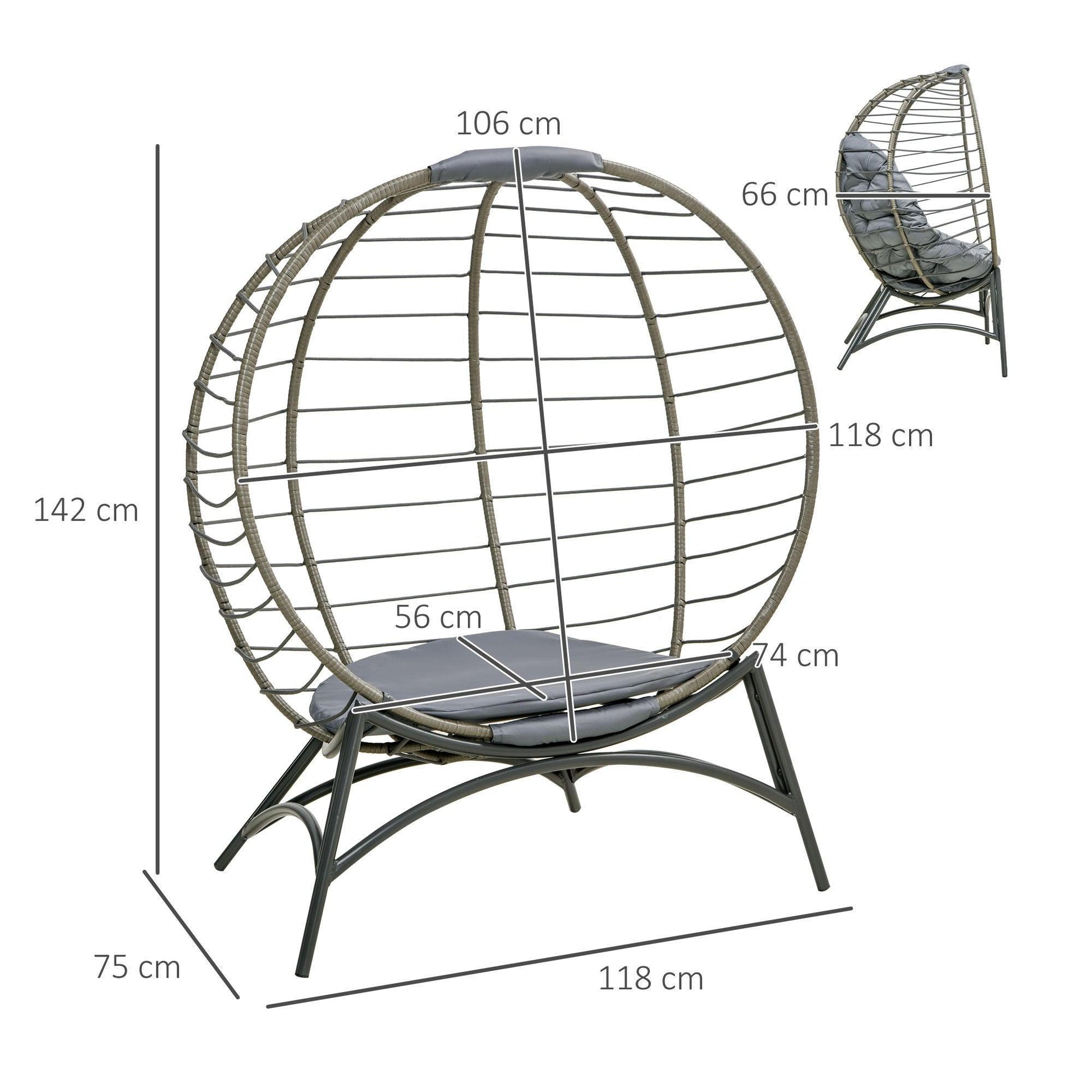 Outsunny Elegant Outdoor Egg Chair with Cushion - Grey - ALL4U RETAILER LTD