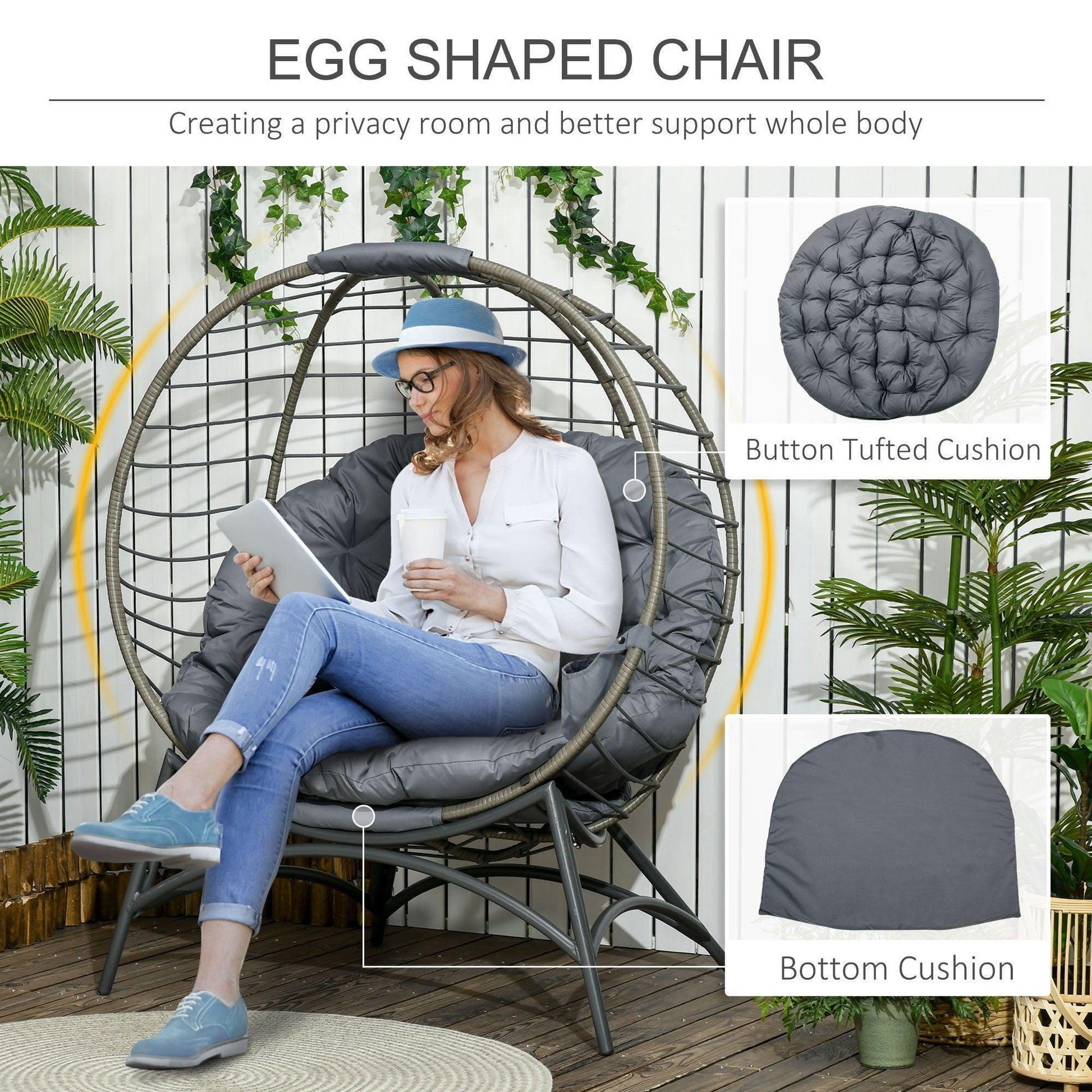 Outsunny Elegant Outdoor Egg Chair with Cushion - Grey - ALL4U RETAILER LTD