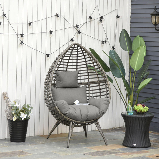 Outsunny Elegant Teardrop Chair – Grey Rattan & Cushion - ALL4U RETAILER LTD