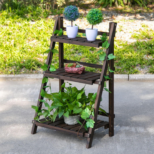 Outsunny Foldable 3-Tier Wooden Plant Stand - 60x37x93cm - ALL4U RETAILER LTD
