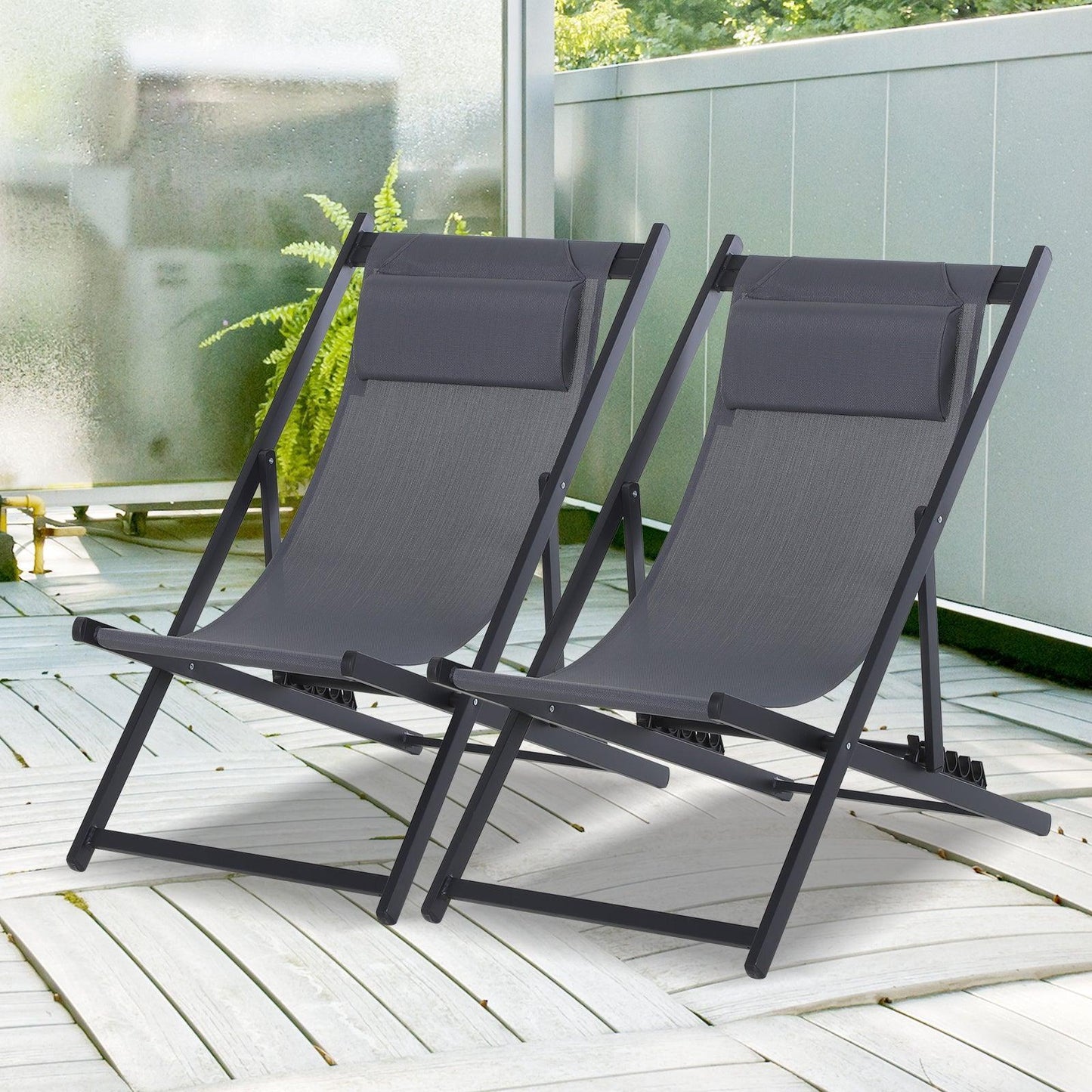 Outsunny Foldable Beach Loungers - Set of 2, Grey - ALL4U RETAILER LTD