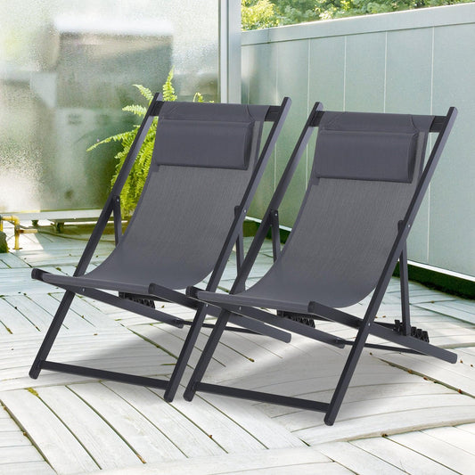 Outsunny Foldable Beach Loungers - Set of 2, Grey - ALL4U RETAILER LTD