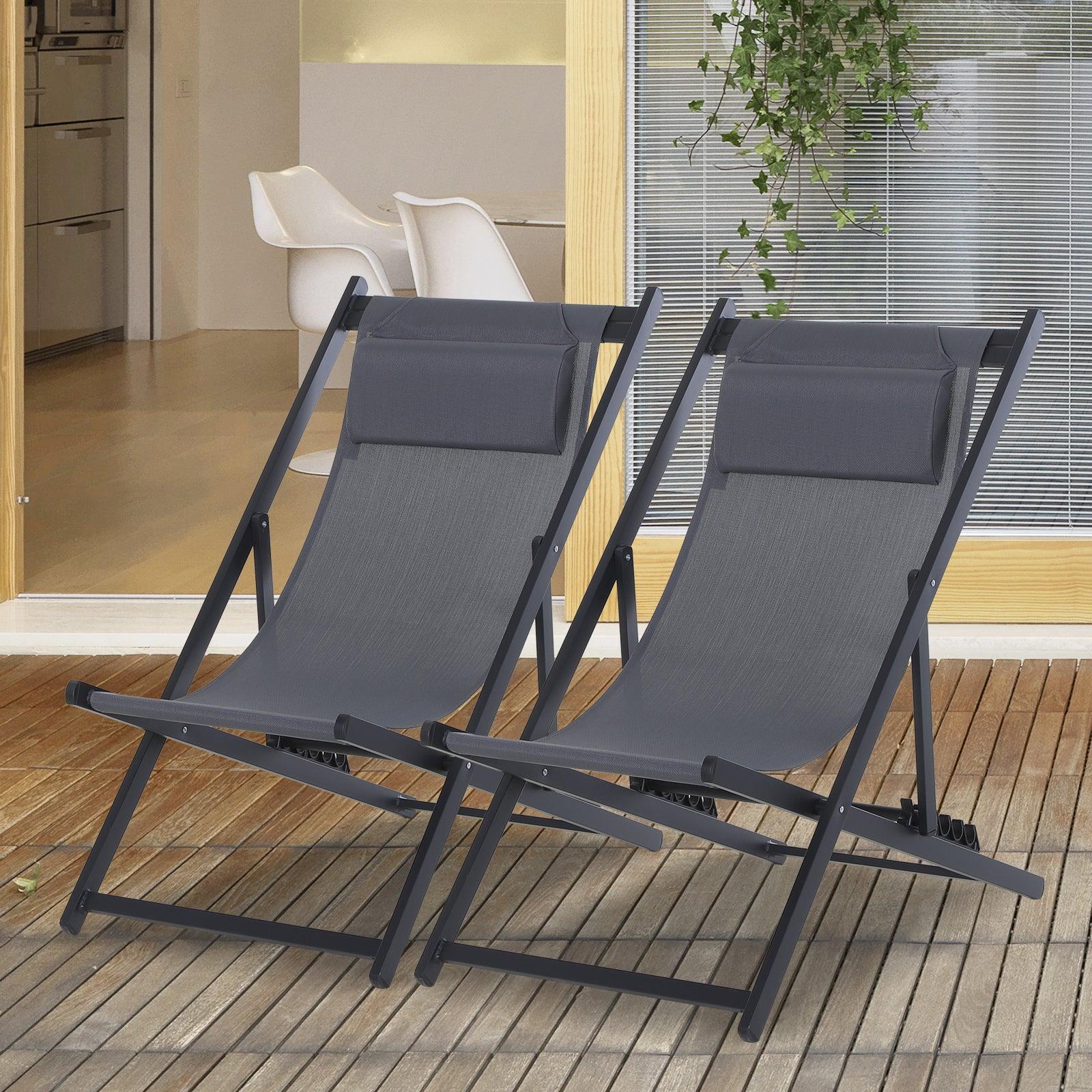 Outsunny Foldable Beach Loungers - Set of 2, Grey - ALL4U RETAILER LTD