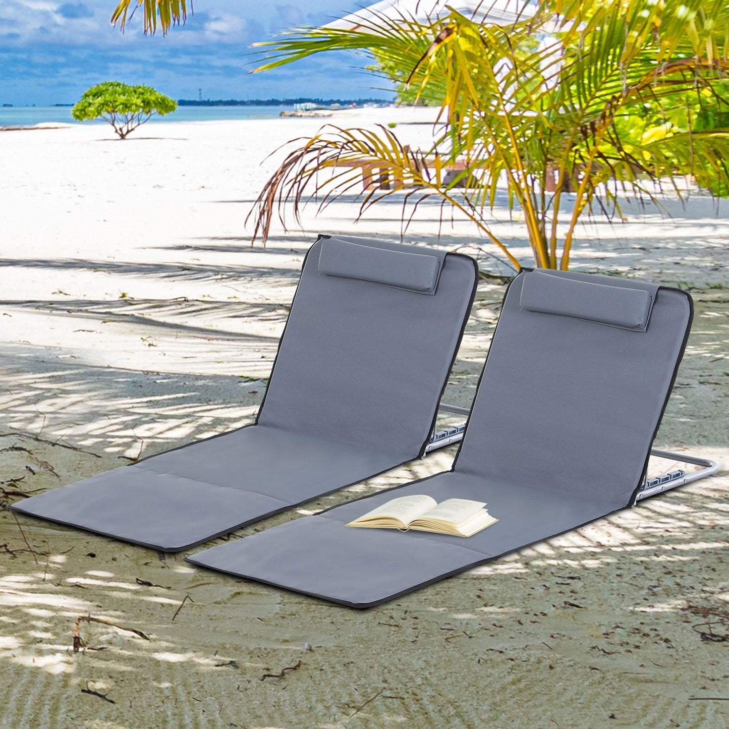 Outsunny Foldable Outdoor Beach Chairs - (Set of 2, Grey) - ALL4U RETAILER LTD