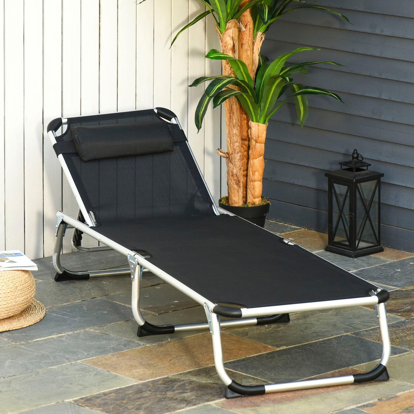 Outsunny Foldable Reclining Sun Lounger with Pillow, Black - ALL4U RETAILER LTD