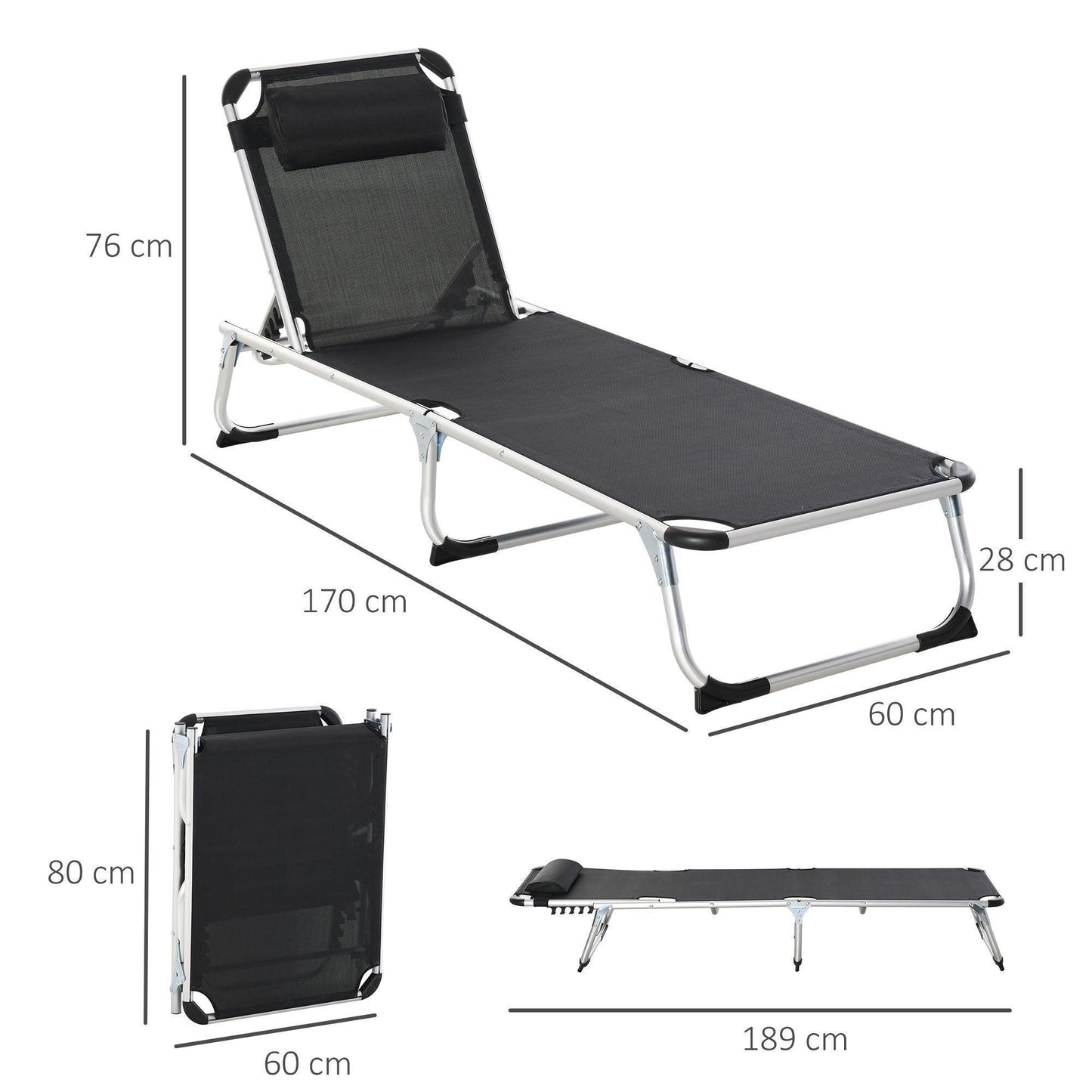 Outsunny Foldable Reclining Sun Lounger with Pillow, Black - ALL4U RETAILER LTD