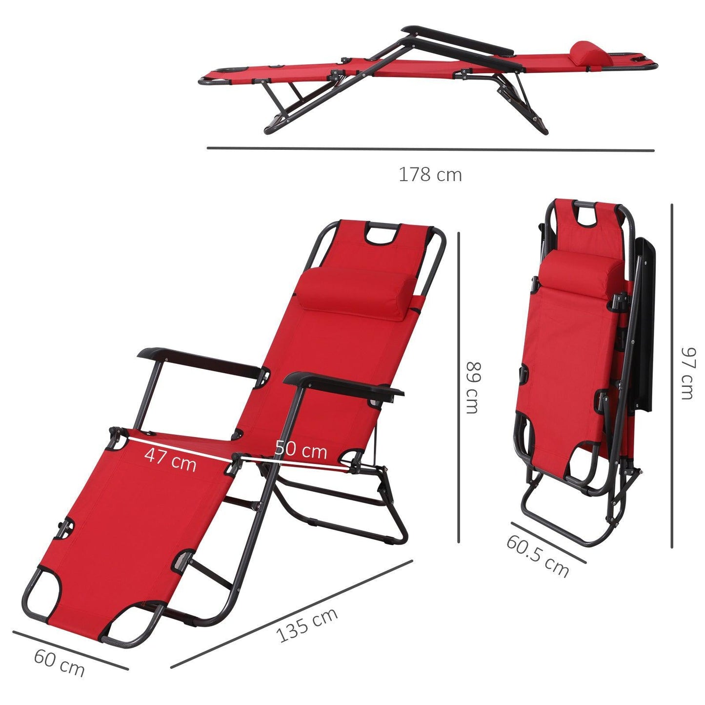 Outsunny Folding Reclining Sun Lounger - Red - ALL4U RETAILER LTD