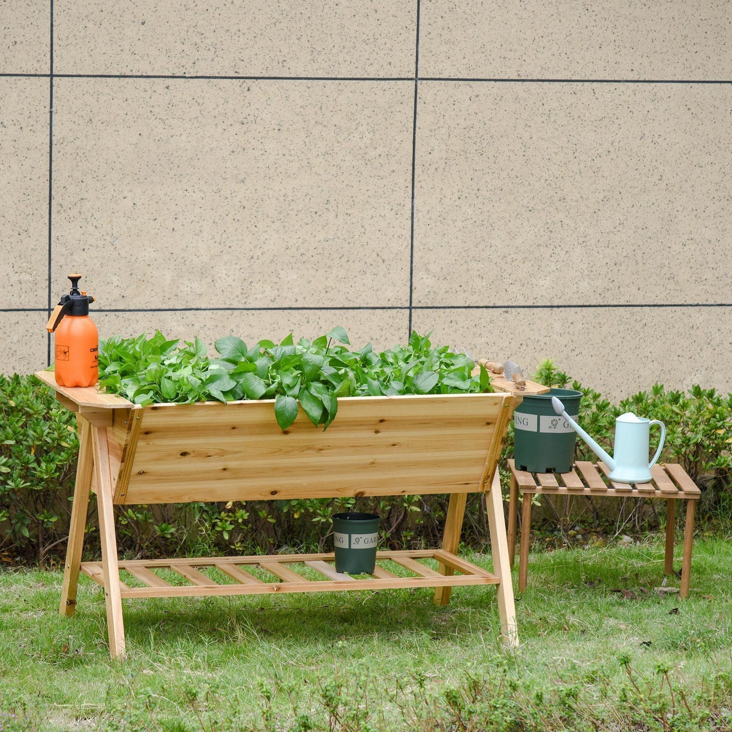 Outsunny Wooden Garden Planter - Raised Bed with Storage Shelf - ALL4U RETAILER LTD