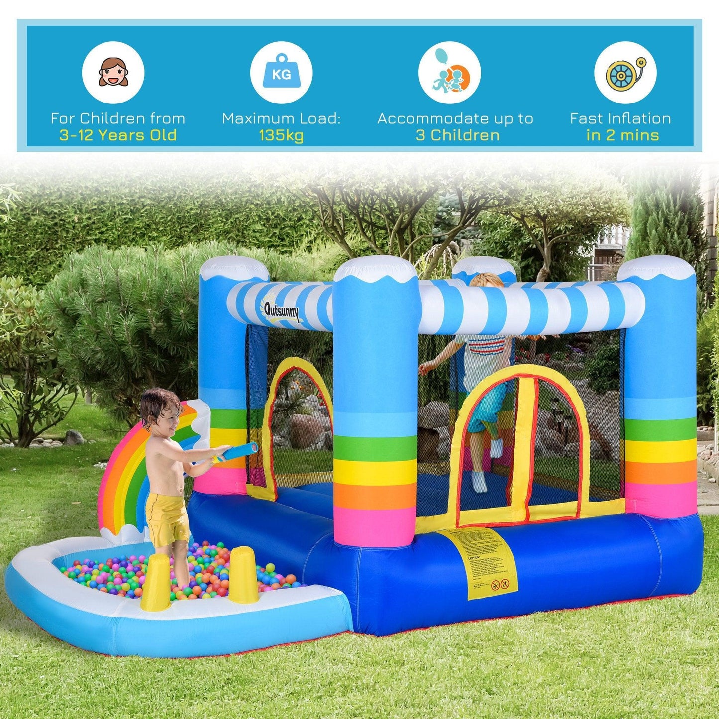 Outsunny Fun-Filled Rainbow Kids Bouncy Castle with Pool - ALL4U RETAILER LTD
