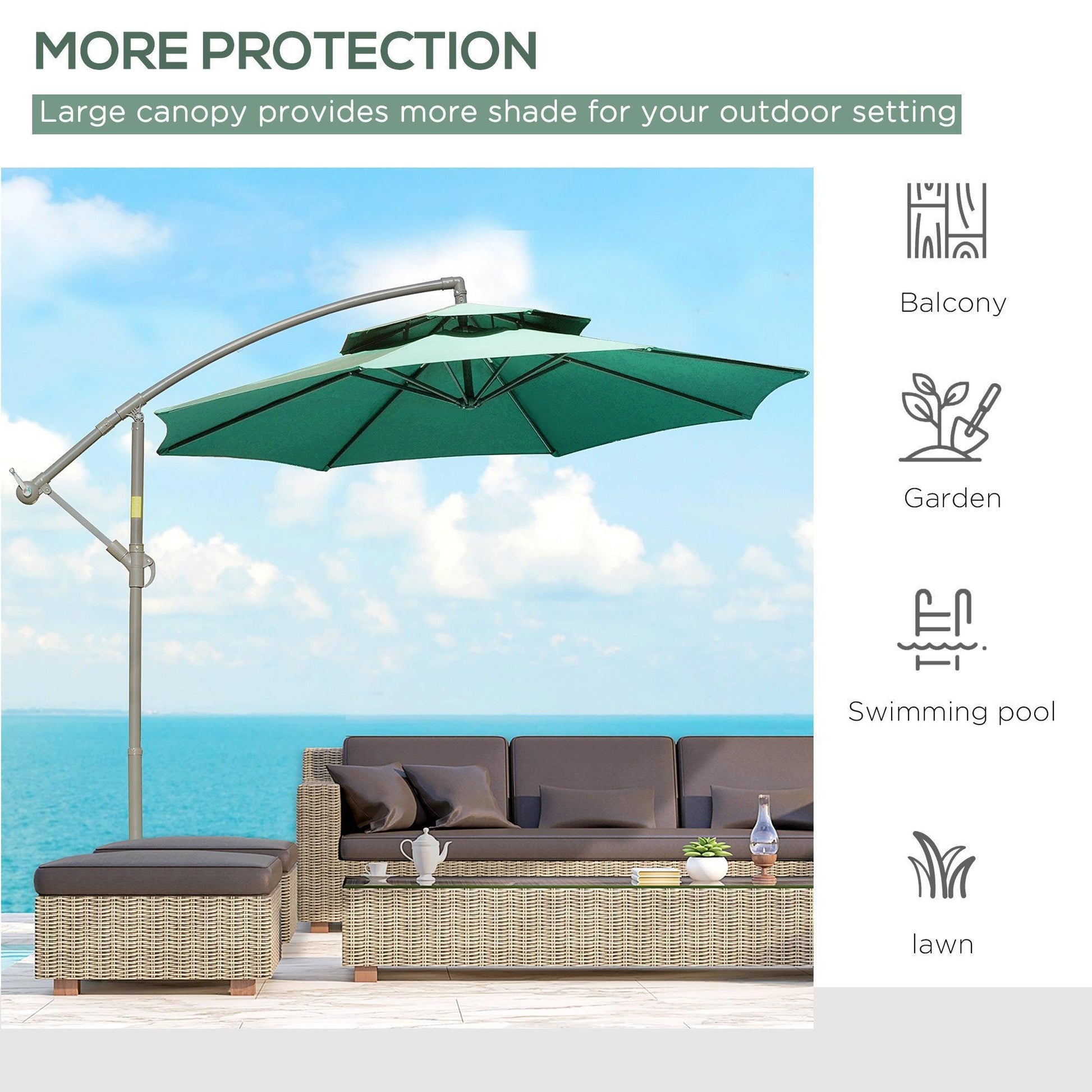 Outsunny Garden Cantilever Umbrella - Green Shade - ALL4U RETAILER LTD