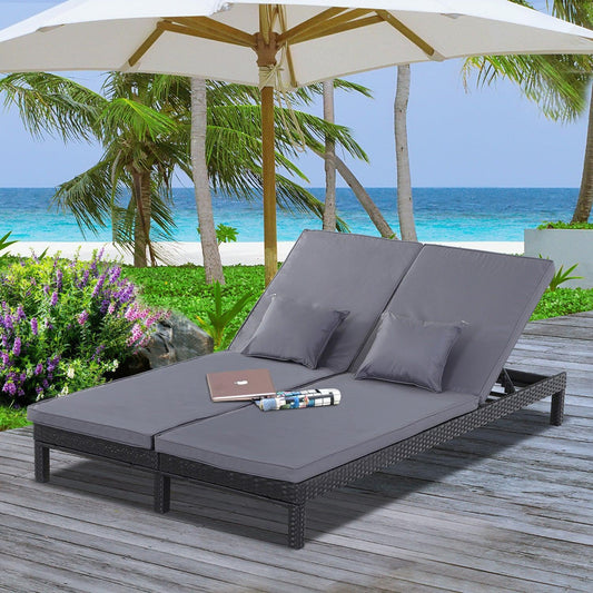 Outsunny Garden Double Rattan Sun Lounger - Black - ALL4U RETAILER LTD