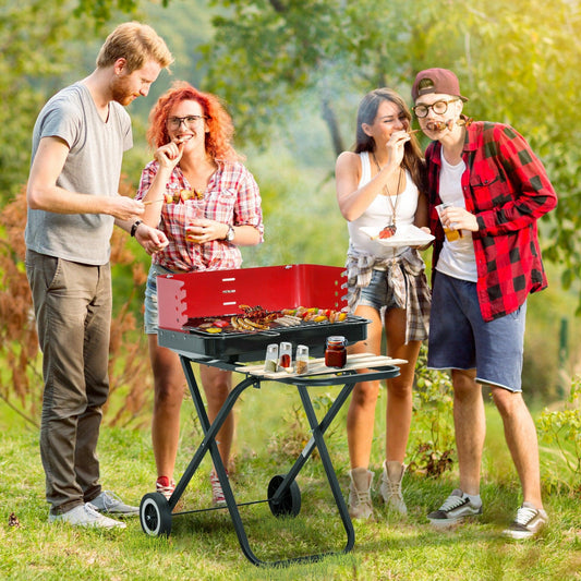 Outsunny Garden Foldable BBQ Trolley with Windshield in Red/Black - ALL4U RETAILER LTD