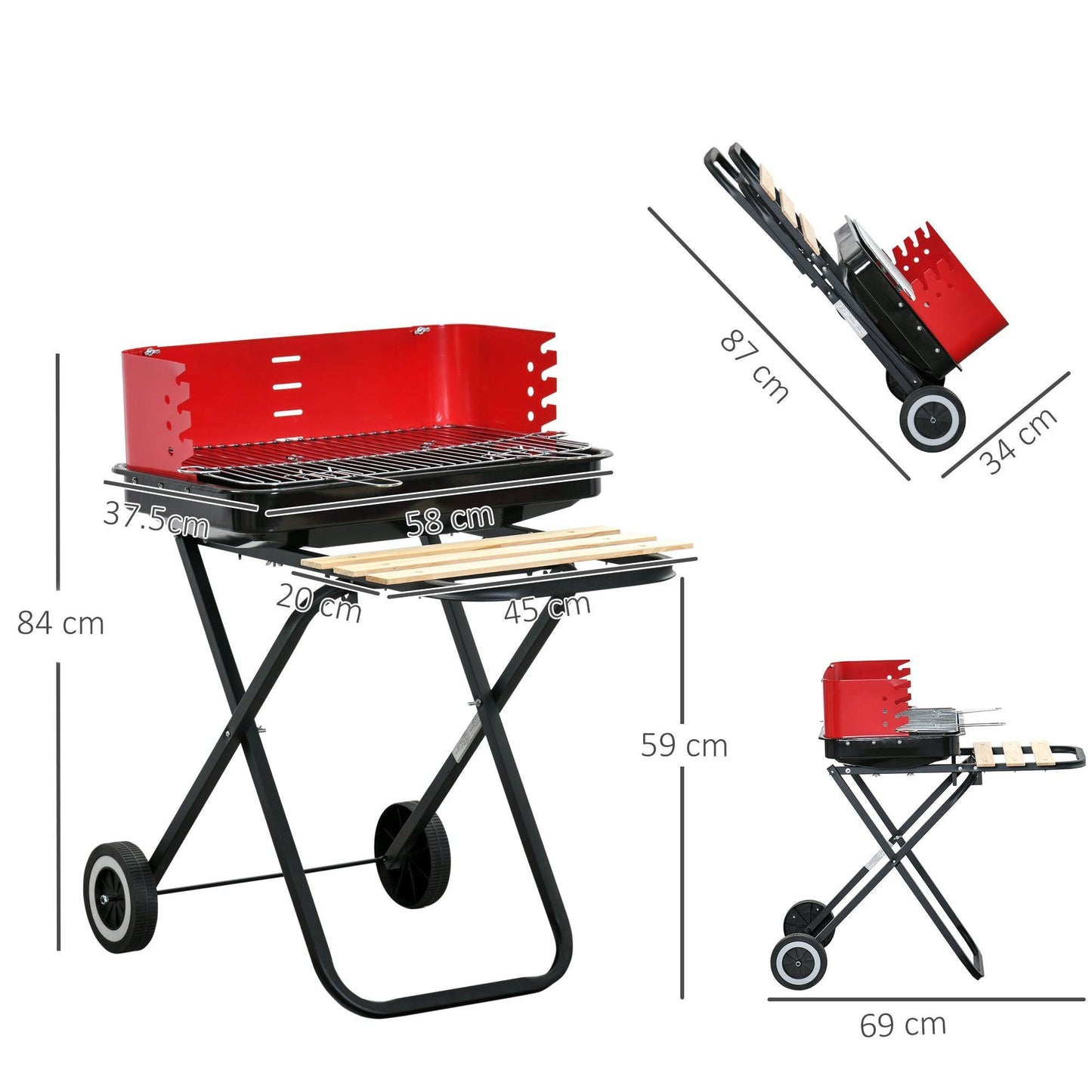 Outsunny Garden Foldable BBQ Trolley with Windshield in Red/Black - ALL4U RETAILER LTD