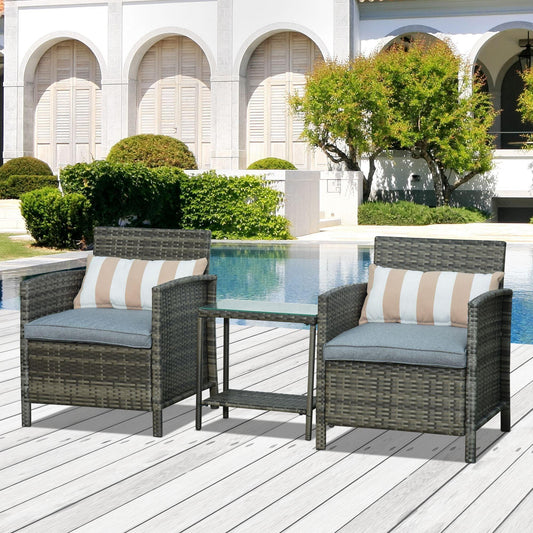 Outsunny Garden Rattan Bistro Set: 3-Piece with Cushion - Grey - ALL4U RETAILER LTD