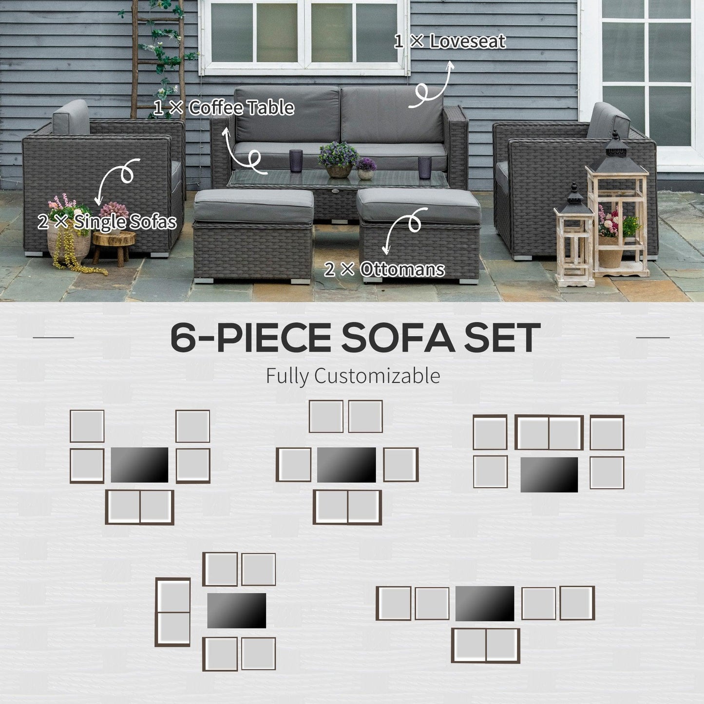 Outsunny Garden Rattan Sofa Set - Grey - ALL4U RETAILER LTD