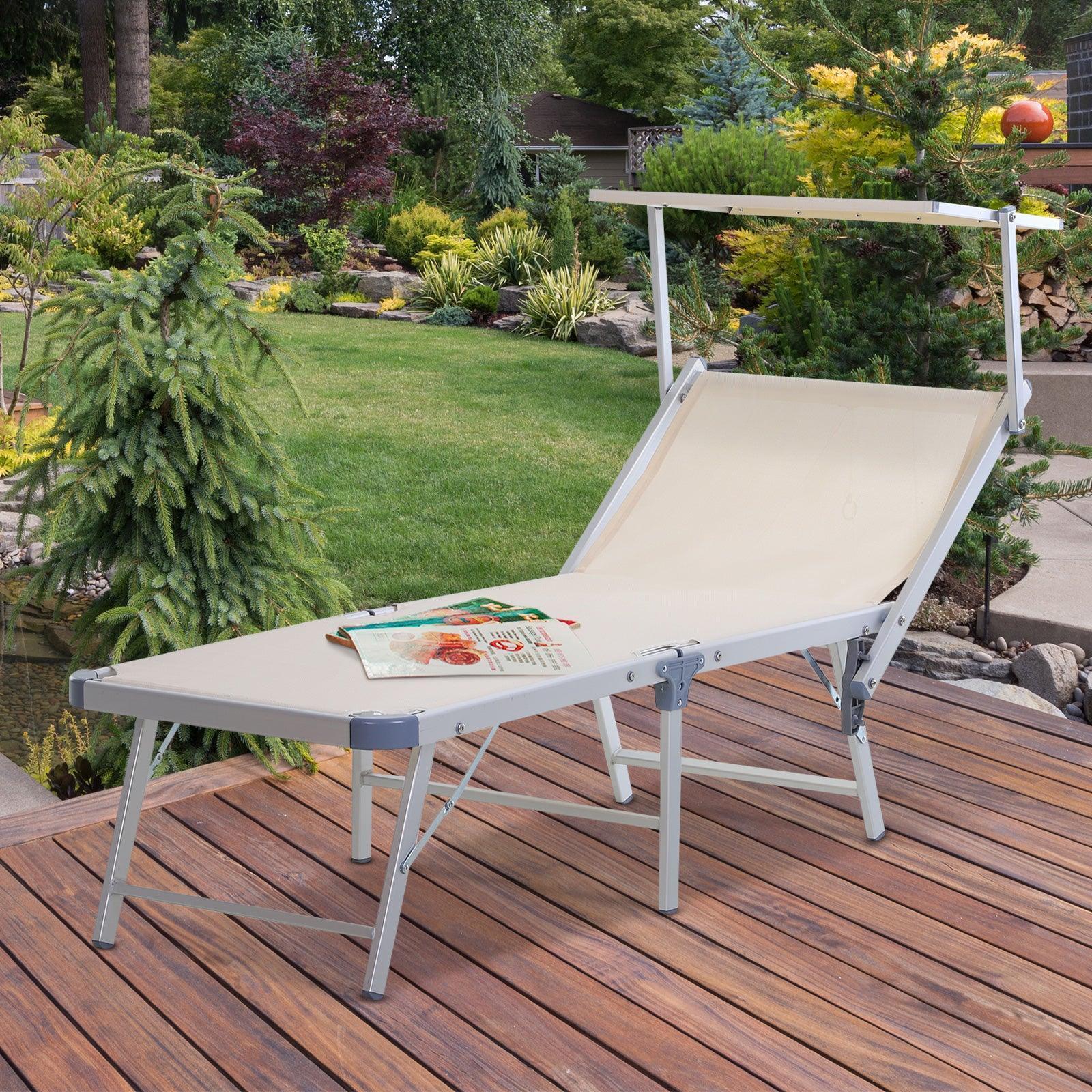 Outsunny Garden Reclining Sun Lounger with Canopy - Beige - ALL4U RETAILER LTD