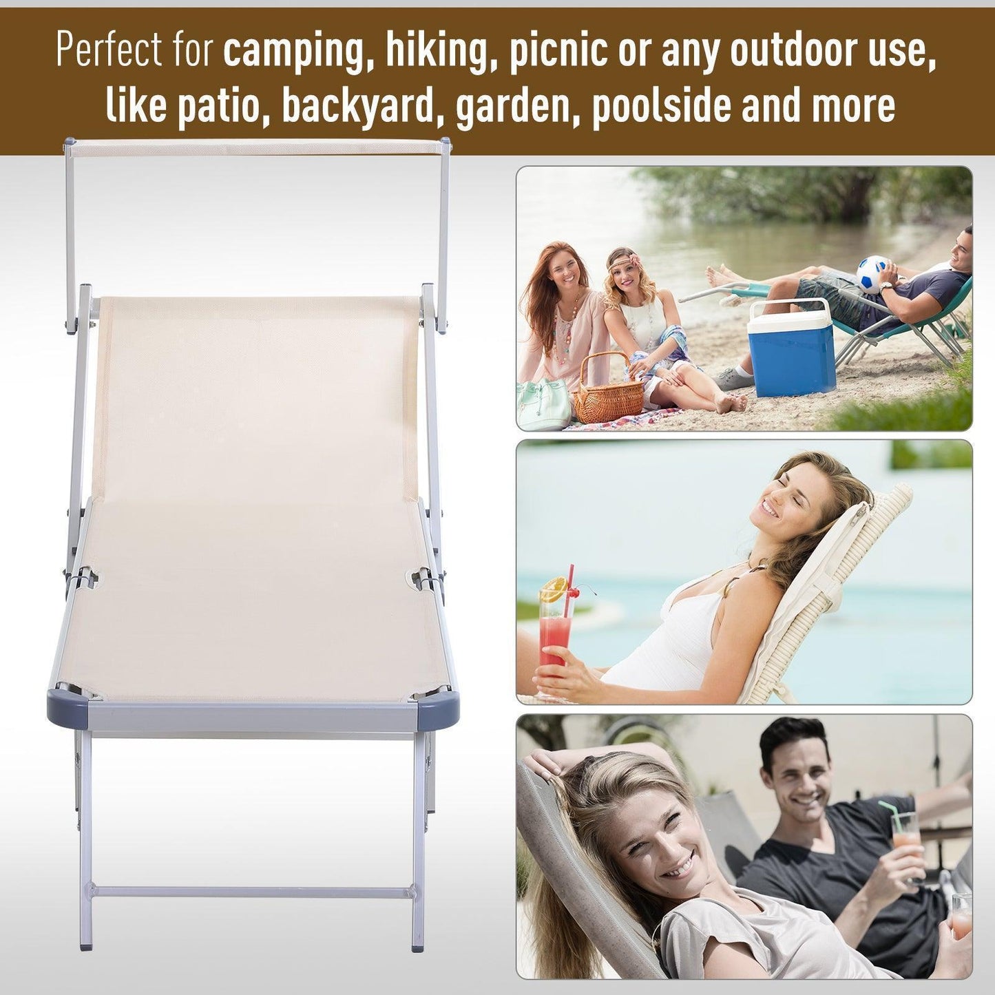 Outsunny Garden Reclining Sun Lounger with Canopy - Beige - ALL4U RETAILER LTD