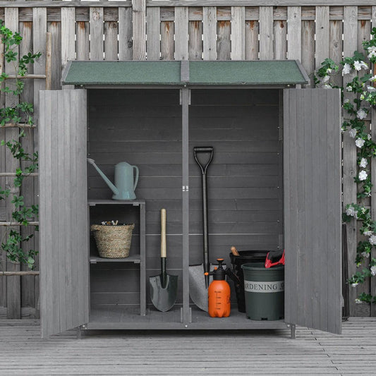 Outsunny Garden Shed Organiser with Table - Double Door, 139cm, Grey - ALL4U RETAILER LTD