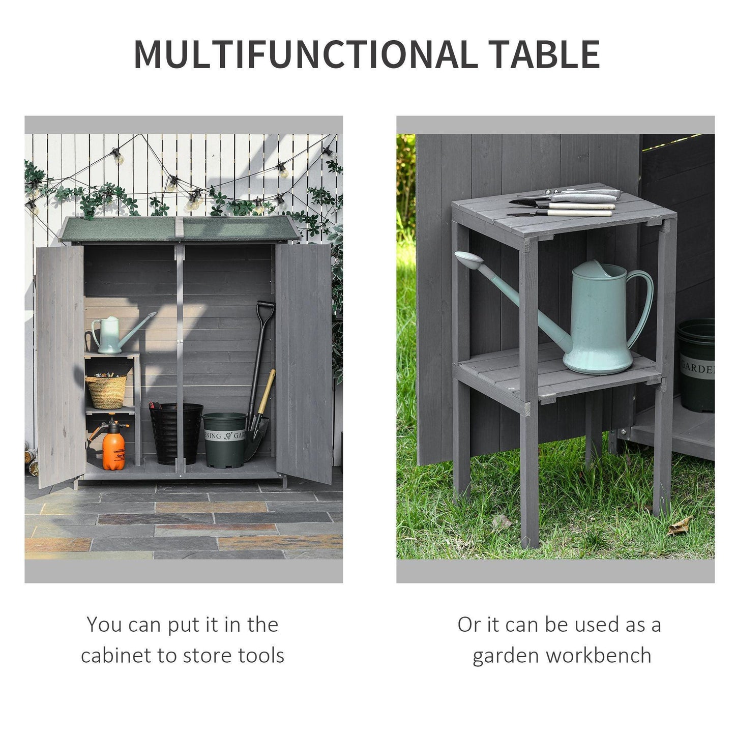 Outsunny Garden Shed Organiser with Table - Double Door, 139cm, Grey - ALL4U RETAILER LTD