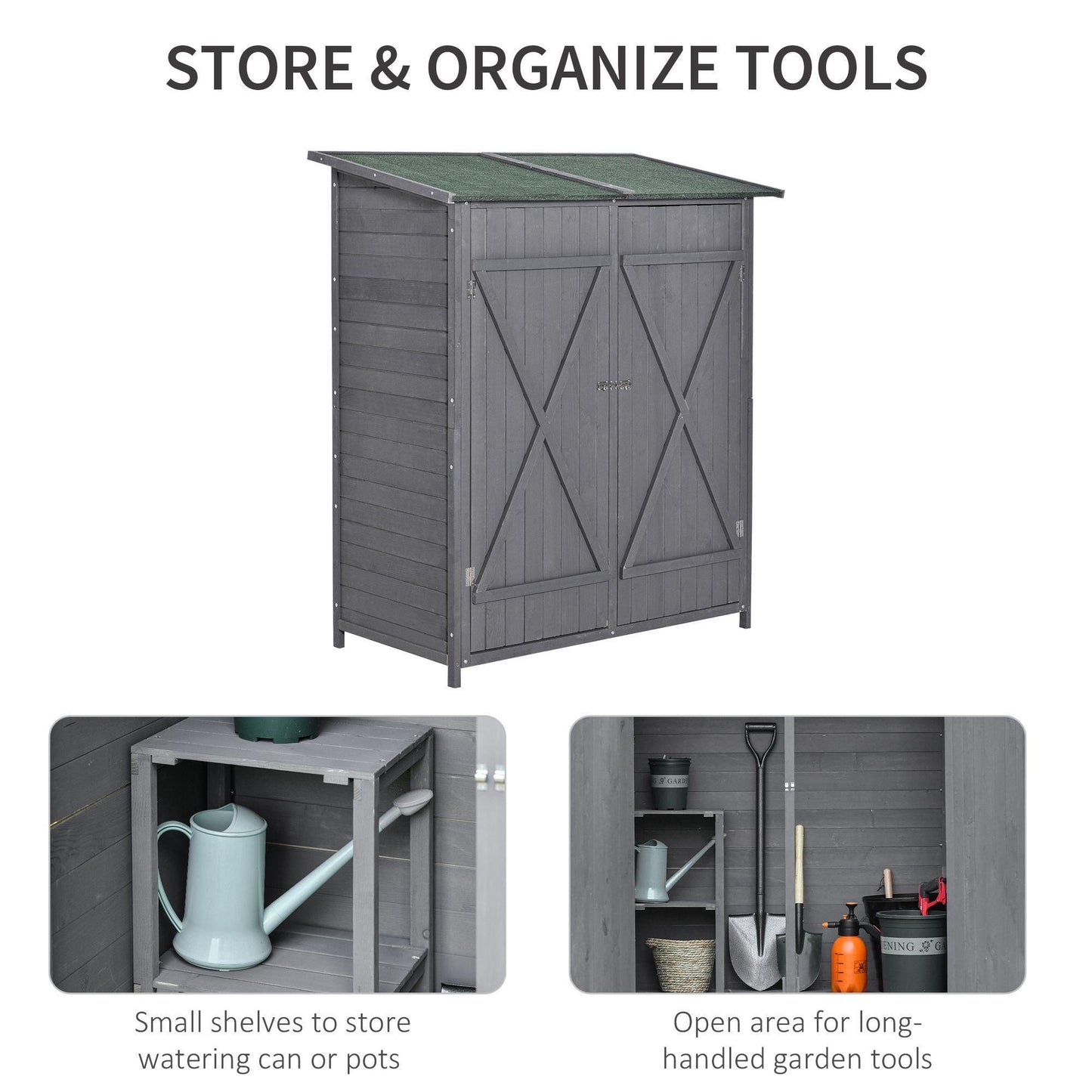 Outsunny Garden Shed Organiser with Table - Double Door, 139cm, Grey - ALL4U RETAILER LTD