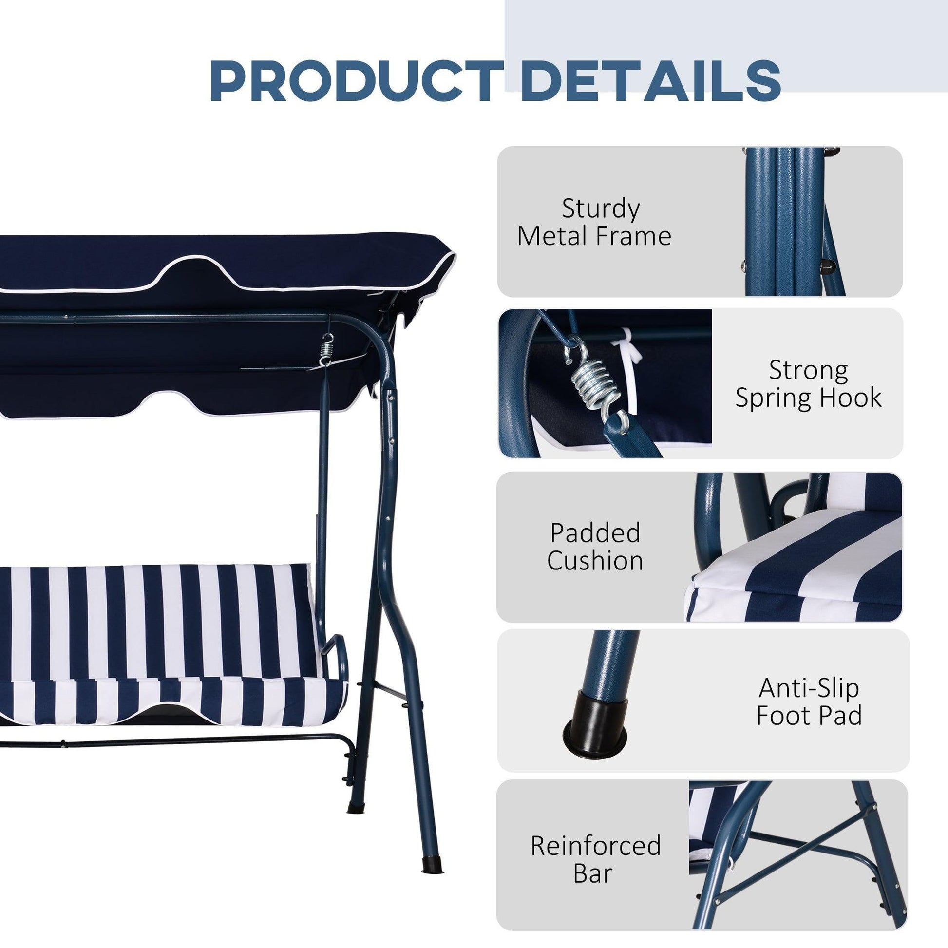 Outsunny Garden Swing Chair with Canopy - Blue Stripes - ALL4U RETAILER LTD