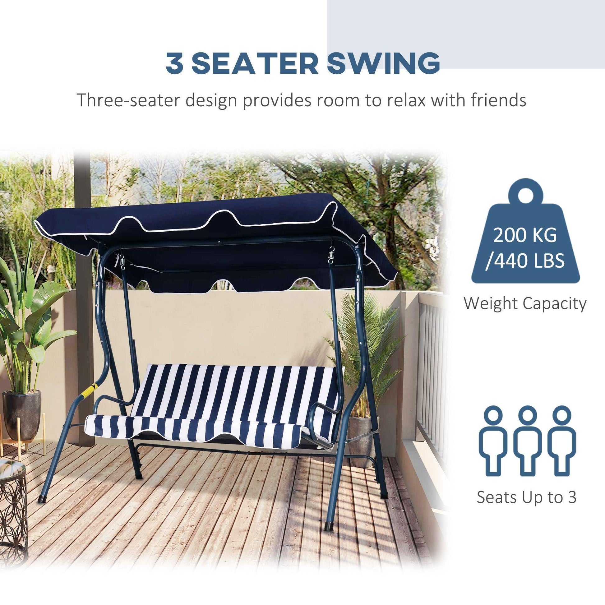 Outsunny Garden Swing Chair with Canopy - Blue Stripes - ALL4U RETAILER LTD