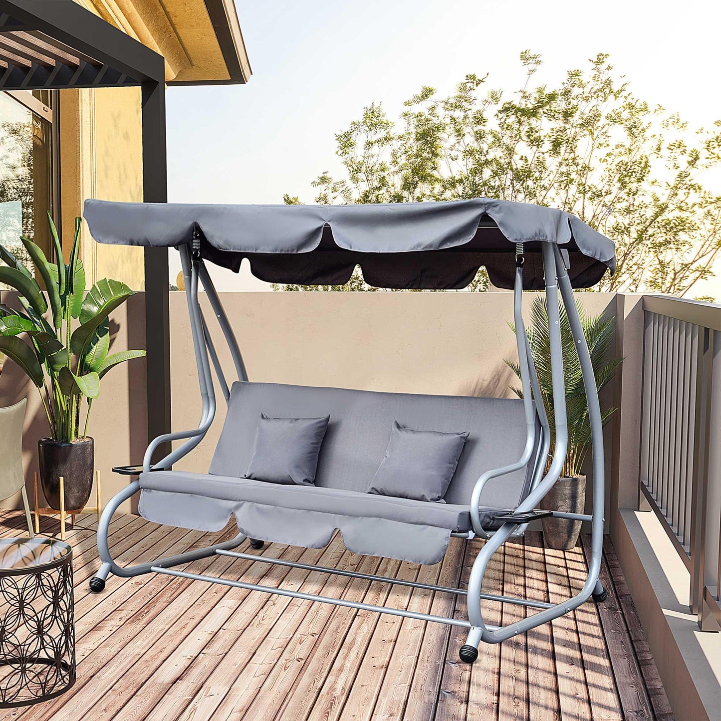 Outsunny Garden Swing Seat Bed with Canopy & Cushions - Grey - ALL4U RETAILER LTD