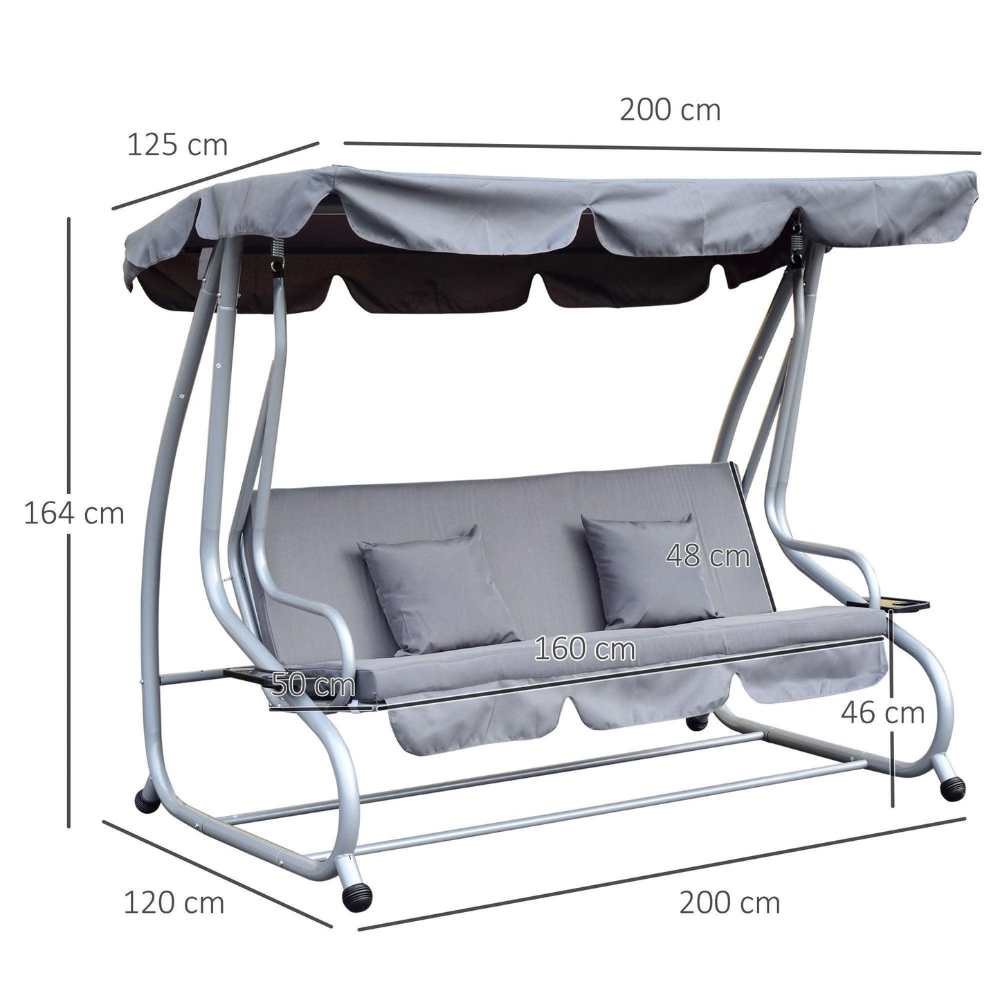 Outsunny Garden Swing Seat Bed with Canopy & Cushions - Grey - ALL4U RETAILER LTD