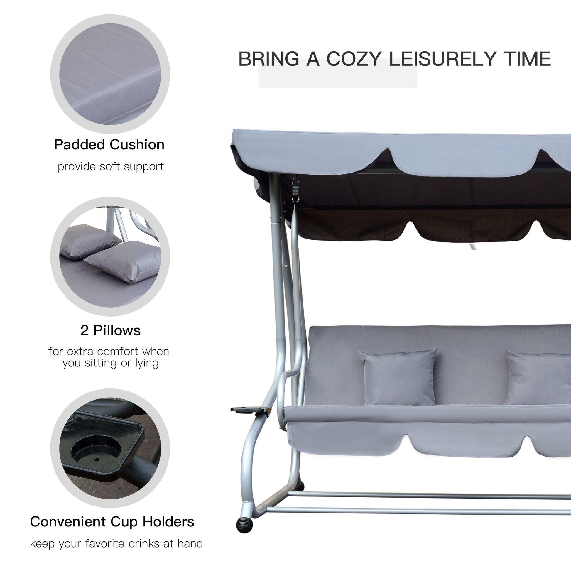 Outsunny Garden Swing Seat Bed with Canopy & Cushions - Grey - ALL4U RETAILER LTD