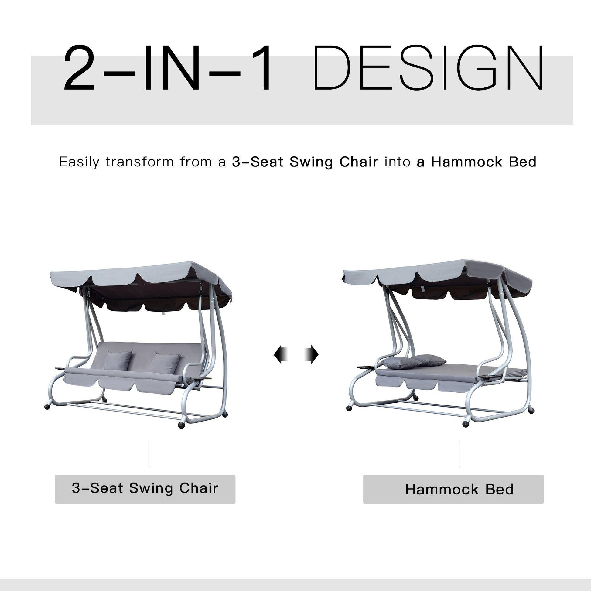 Outsunny Garden Swing Seat Bed with Canopy & Cushions - Grey - ALL4U RETAILER LTD