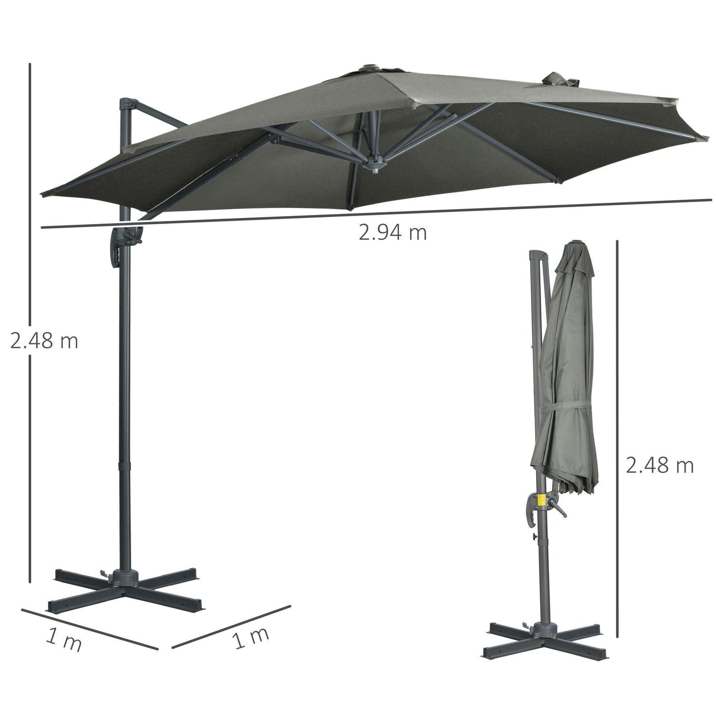 Outsunny Garden Umbrella: Crank Handle, Tilt - Grey - ALL4U RETAILER LTD