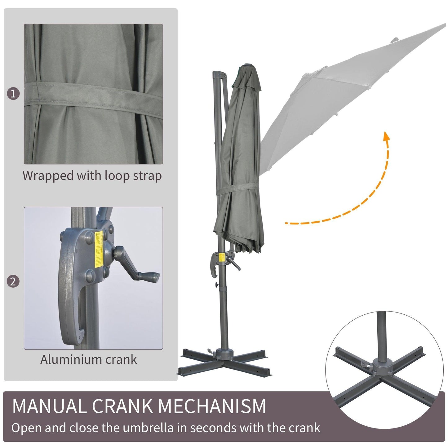 Outsunny Garden Umbrella: Crank Handle, Tilt - Grey - ALL4U RETAILER LTD