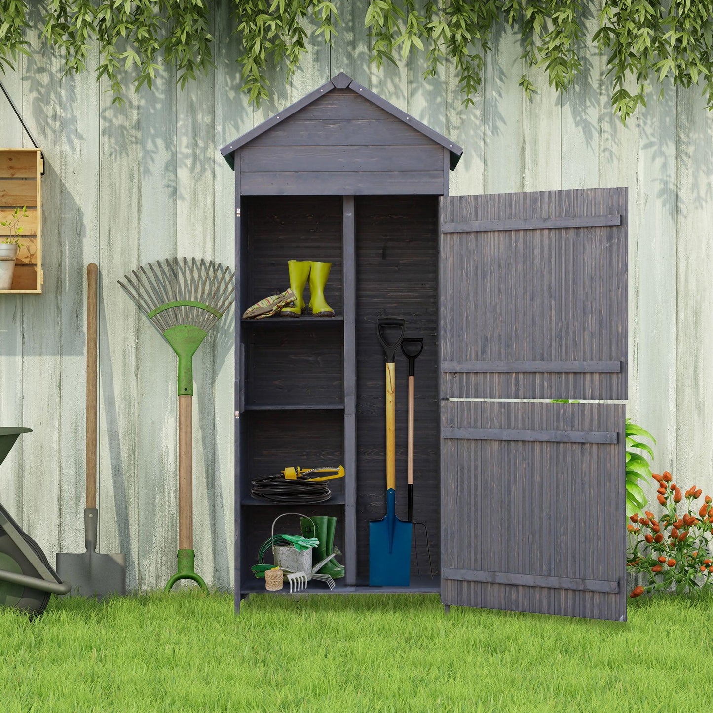 Outsunny Gray Garden Utility Shed - Outdoor Fir Wood - ALL4U RETAILER LTD